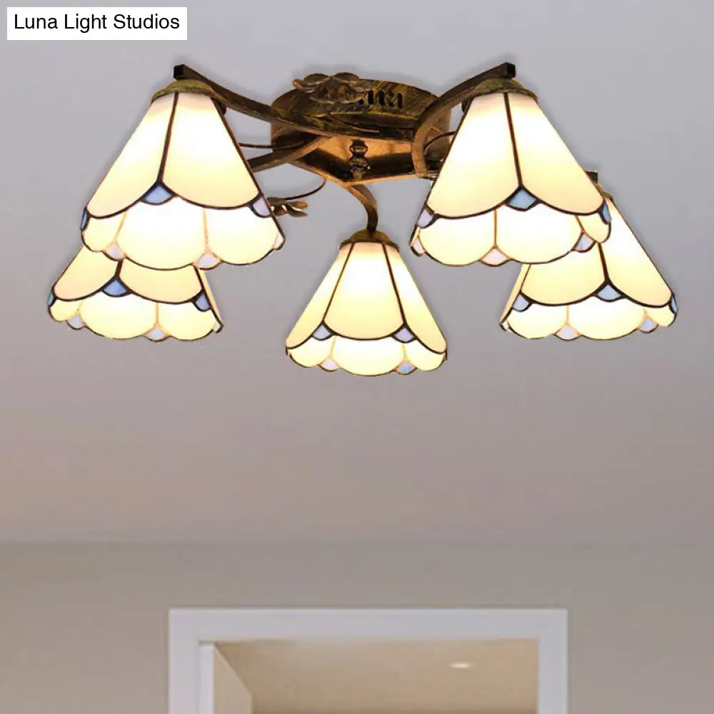 ديكوربايتس™ مصباح سقف تيفاني الزجاجي الملون بخمسة رؤوس صدفية باللون البرونزي العتيق - مثالي لغرفة النوم