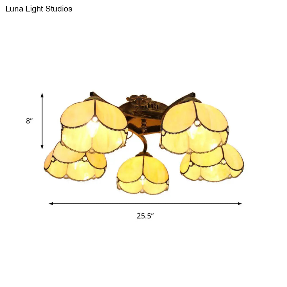 ديكوربايتس™ مصباح سقف تيفاني الزجاجي الملون بخمسة رؤوس صدفية باللون البرونزي العتيق - مثالي لغرفة النوم