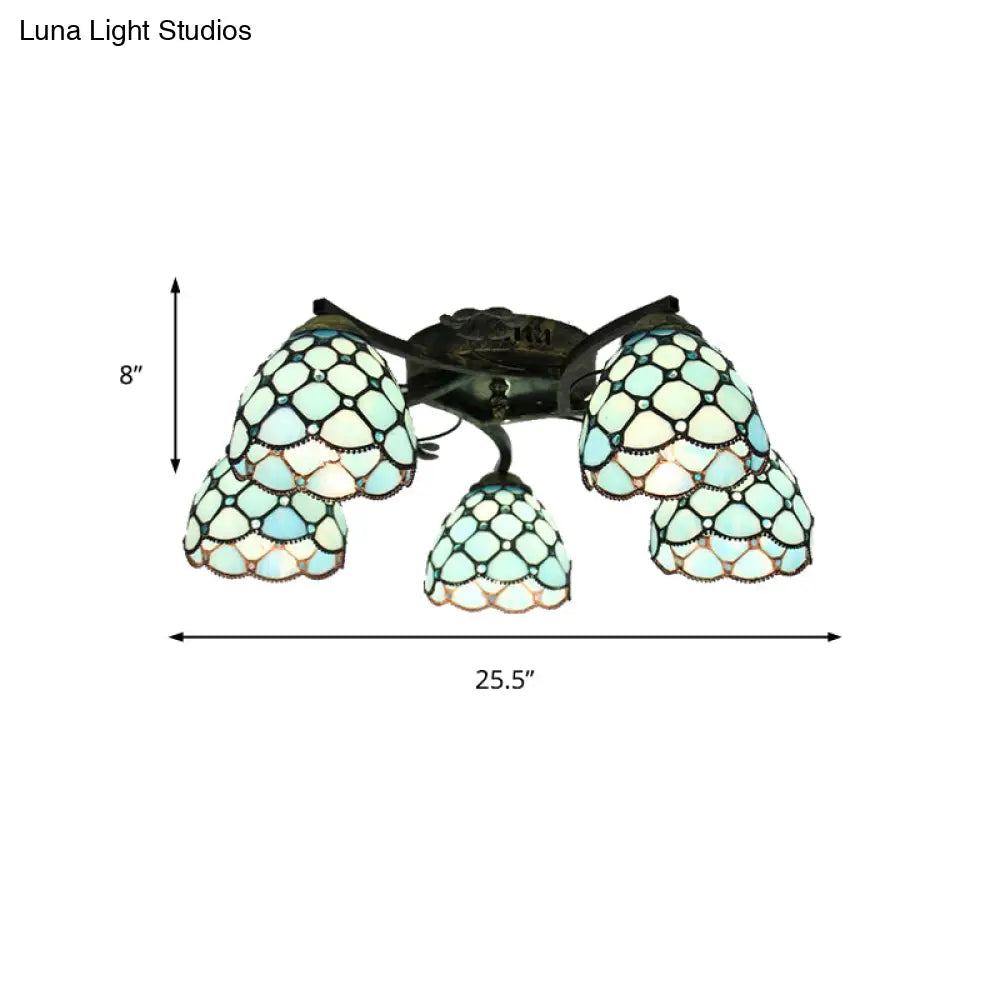 ديكوربايتس™ مصباح سقف تيفاني الزجاجي الملون بخمسة رؤوس صدفية باللون البرونزي العتيق - مثالي لغرفة النوم