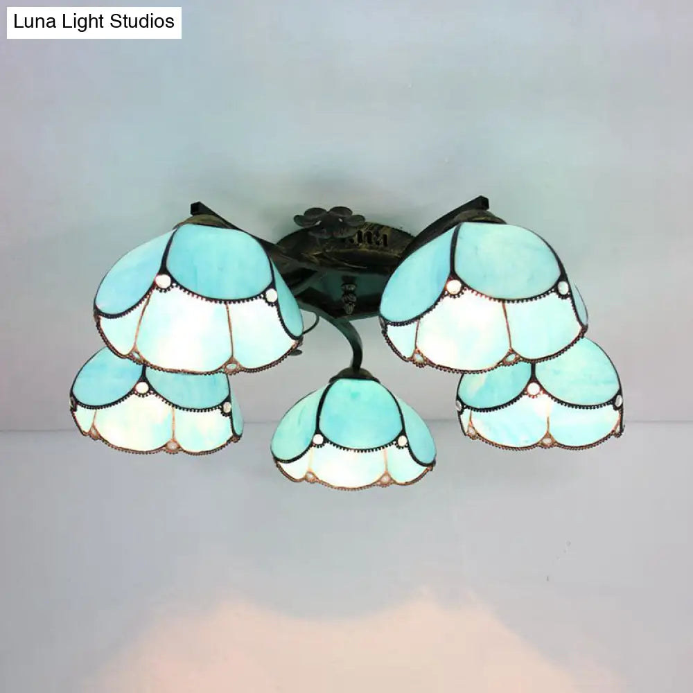 ديكوربايتس™ مصباح سقف تيفاني الزجاجي الملون بخمسة رؤوس صدفية باللون البرونزي العتيق - مثالي لغرفة النوم