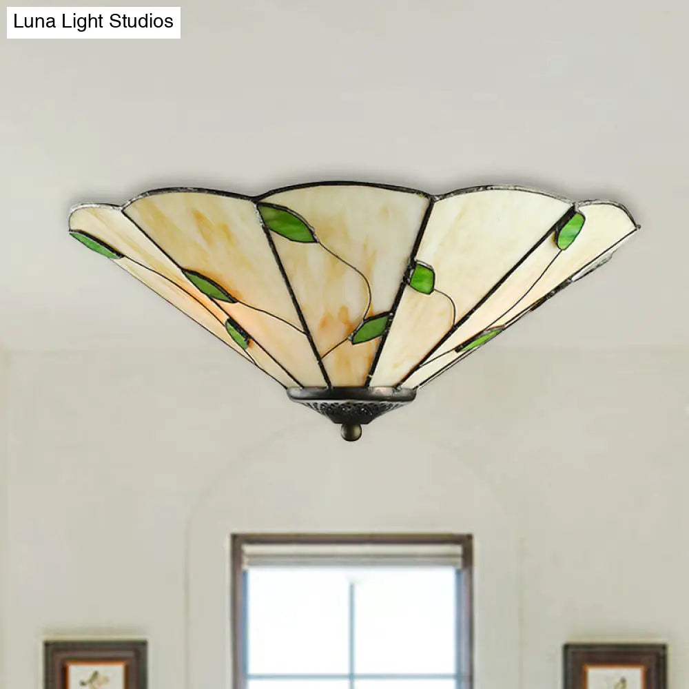 DecorBites™ DecorBites™ Tiffany Stained Glass Ceiling Light with Geometric Design and Leaf Theme (3 Lights, White/Beige Flush Mount)
