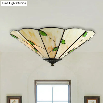 DecorBites™ DecorBites™ Tiffany Stained Glass Ceiling Light with Geometric Design and Leaf Theme (3 Lights, White/Beige Flush Mount)