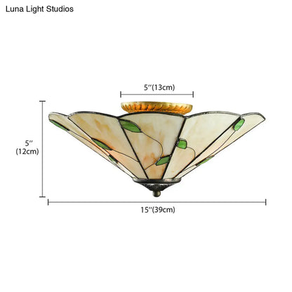 DecorBites™ DecorBites™ Tiffany Stained Glass Ceiling Light with Geometric Design and Leaf Theme (3 Lights, White/Beige Flush Mount)