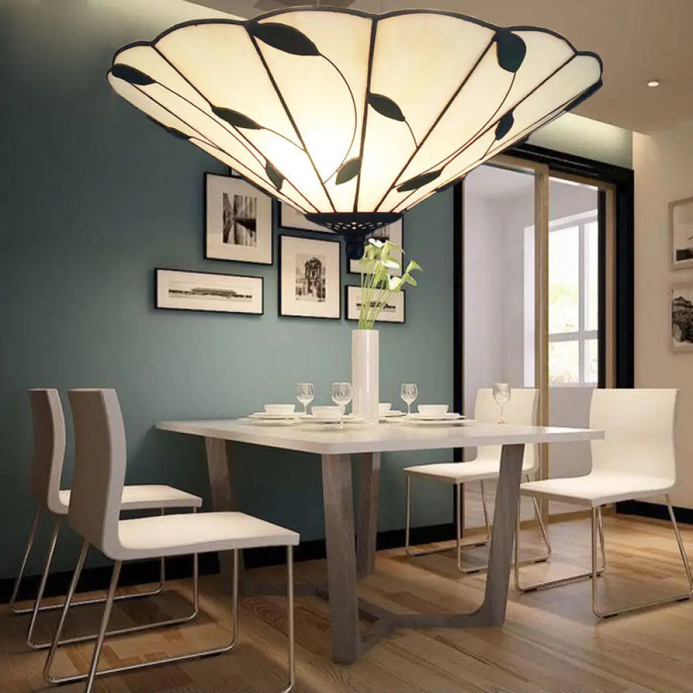 DecorBites™ DecorBites™ Tiffany Stained Glass Ceiling Light with Geometric Design and Leaf Theme (3 Lights, White/Beige Flush Mount)