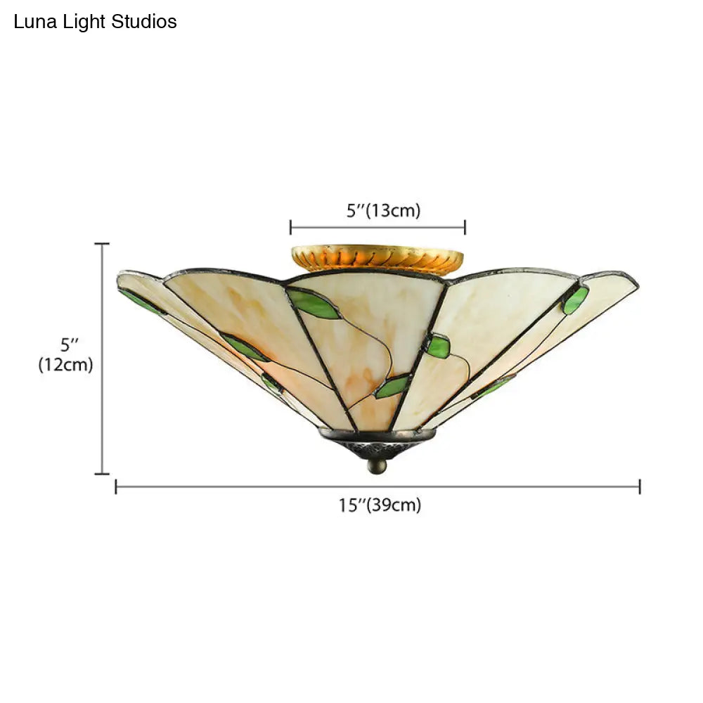 DecorBites™ DecorBites™ Tiffany Stained Glass Ceiling Light with Geometric Design and Leaf Theme (3 Lights, White/Beige Flush Mount)