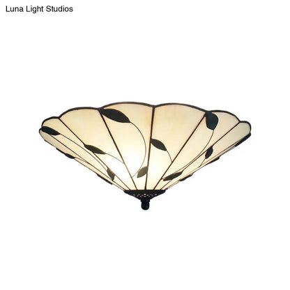 DecorBites™ DecorBites™ Tiffany Stained Glass Ceiling Light with Geometric Design and Leaf Theme (3 Lights, White/Beige Flush Mount)