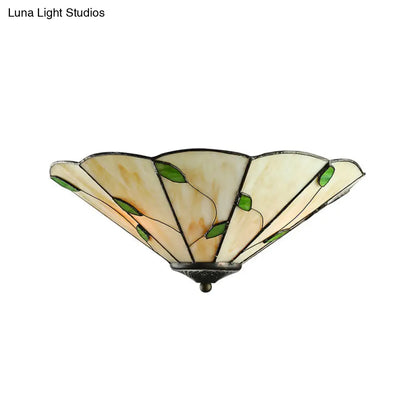 DecorBites™ DecorBites™ Tiffany Stained Glass Ceiling Light with Geometric Design and Leaf Theme (3 Lights, White/Beige Flush Mount)
