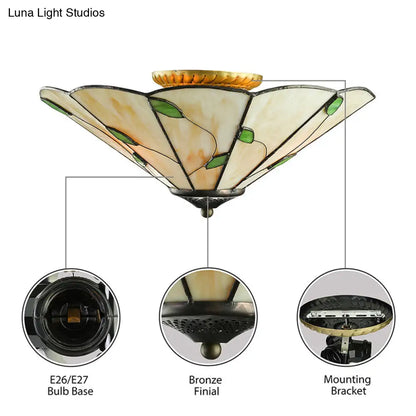 DecorBites™ DecorBites™ Tiffany Stained Glass Ceiling Light with Geometric Design and Leaf Theme (3 Lights, White/Beige Flush Mount)
