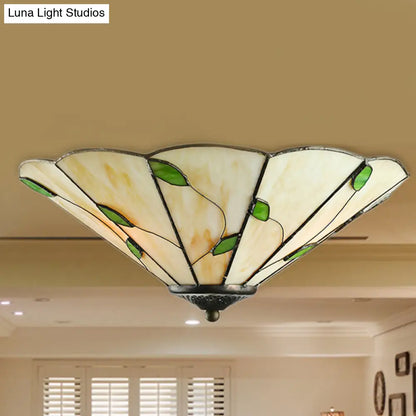 DecorBites™ DecorBites™ Tiffany Stained Glass Ceiling Light with Geometric Design and Leaf Theme (3 Lights, White/Beige Flush Mount)