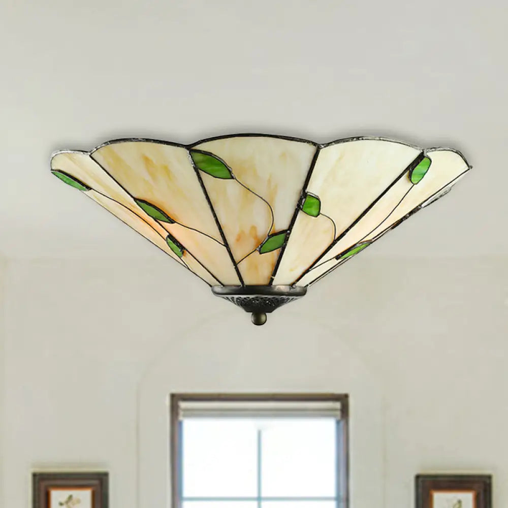 DecorBites™ DecorBites™ Tiffany Stained Glass Ceiling Light with Geometric Design and Leaf Theme (3 Lights, White/Beige Flush Mount)