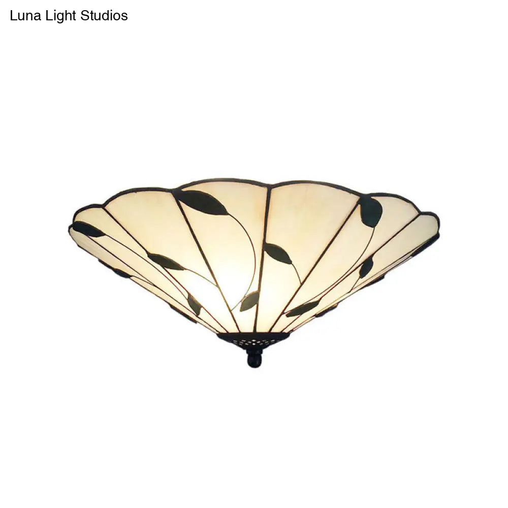 DecorBites™ DecorBites™ Tiffany Stained Glass Ceiling Light with Geometric Design and Leaf Theme (3 Lights, White/Beige Flush Mount)
