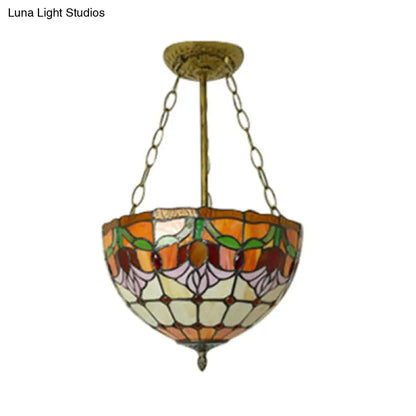 Tiffany Stained Glass Chandelier - Orange Bowl Pendant Light, 12"/16" Width - Ideal for Foyer