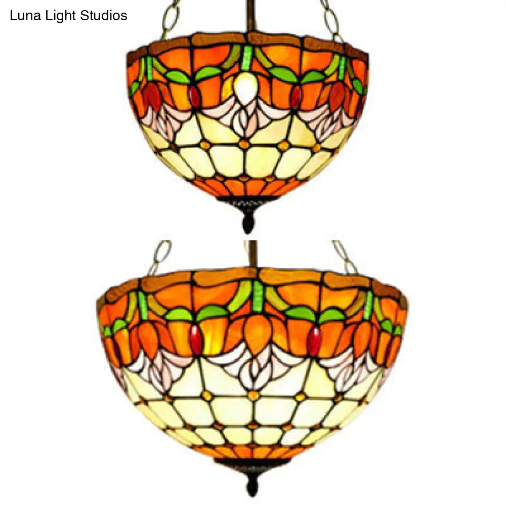 Tiffany Stained Glass Chandelier - Orange Bowl Pendant Light, 12"/16" Width - Ideal for Foyer