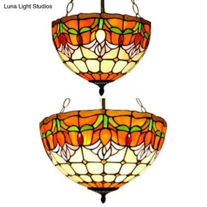 Tiffany Stained Glass Chandelier - Orange Bowl Pendant Light, 12"/16" Width - Ideal for Foyer