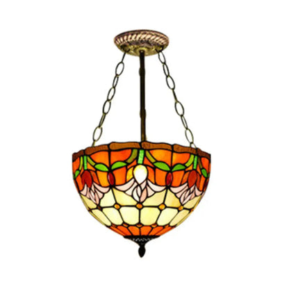 Tiffany Stained Glass Chandelier - Orange Bowl Pendant Light, 12"/16" Width - Ideal for Foyer