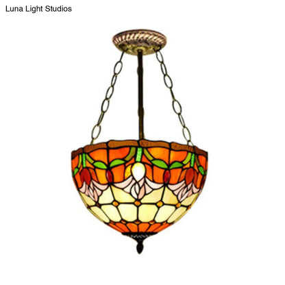 Tiffany Stained Glass Chandelier - Orange Bowl Pendant Light, 12"/16" Width - Ideal for Foyer