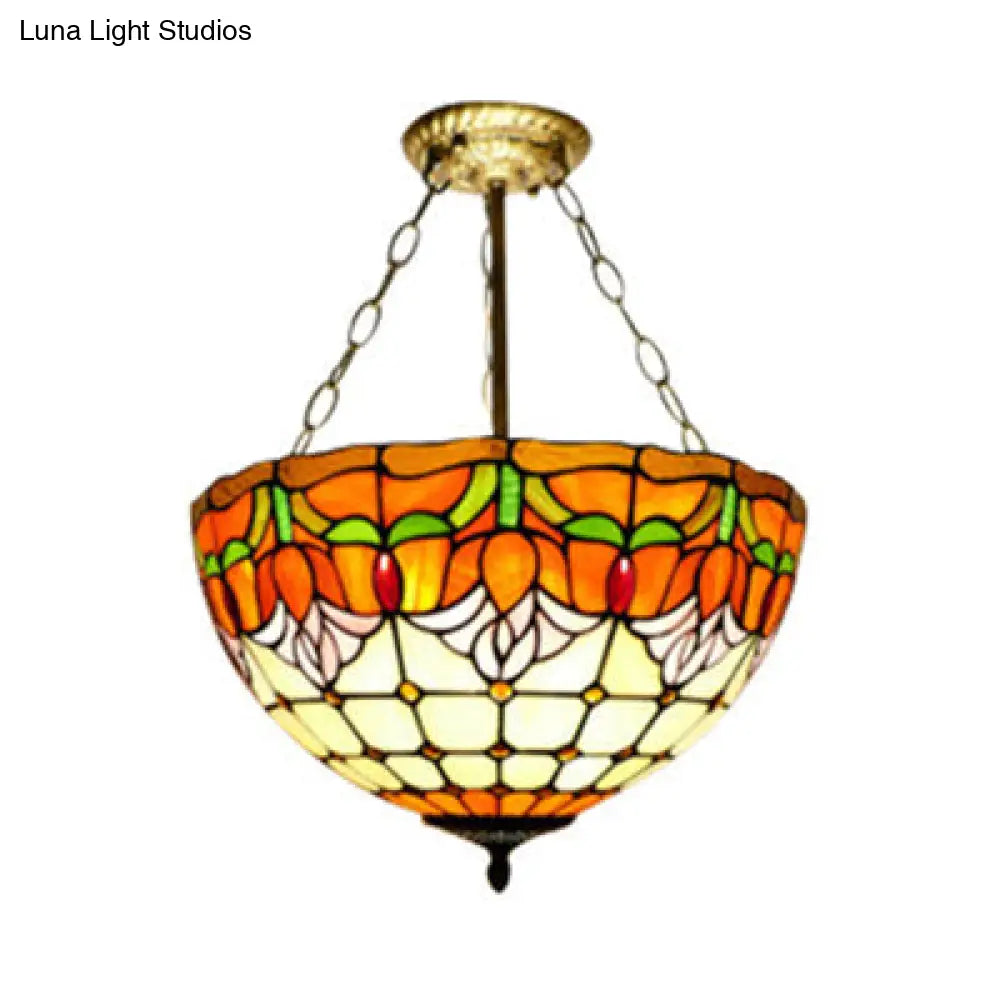 Tiffany Stained Glass Chandelier - Orange Bowl Pendant Light, 12"/16" Width - Ideal for Foyer