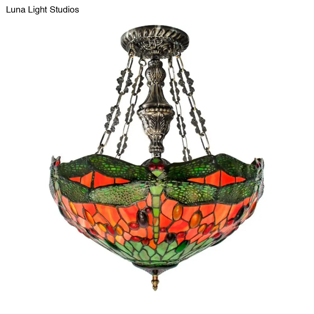 Tiffany Stained Glass Chandelier with Dragonfly Pattern and Gem-Like Cabochons in Green