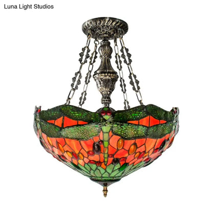 Tiffany Stained Glass Chandelier with Dragonfly Pattern and Gem-Like Cabochons in Green
