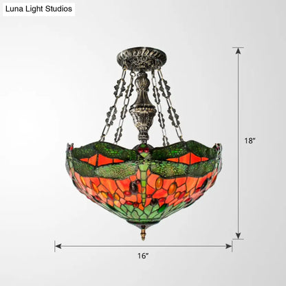 Tiffany Stained Glass Chandelier with Dragonfly Pattern and Gem-Like Cabochons in Green