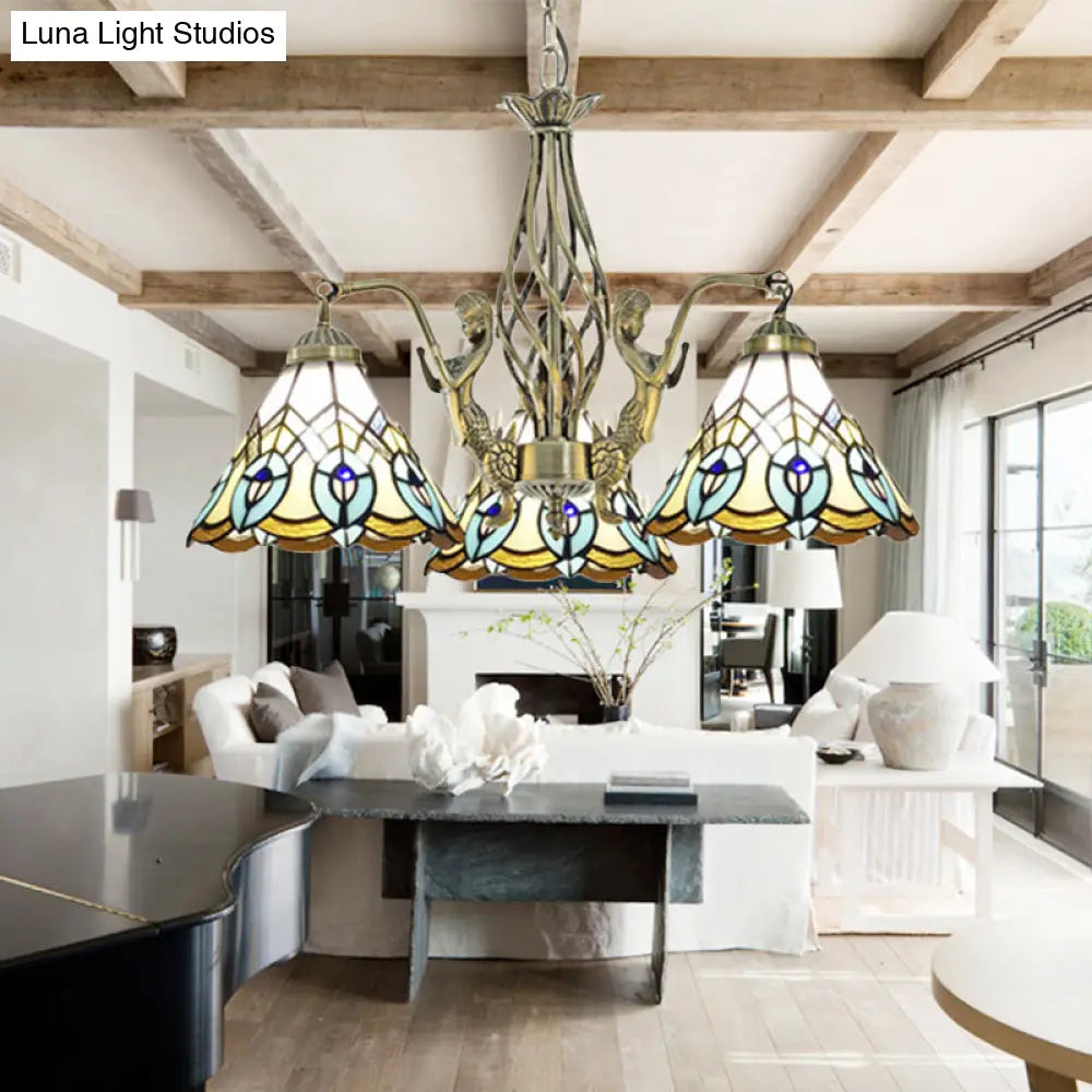 Tiffany Stained Glass Chandelier with Mermaid Deco and 3 Lights