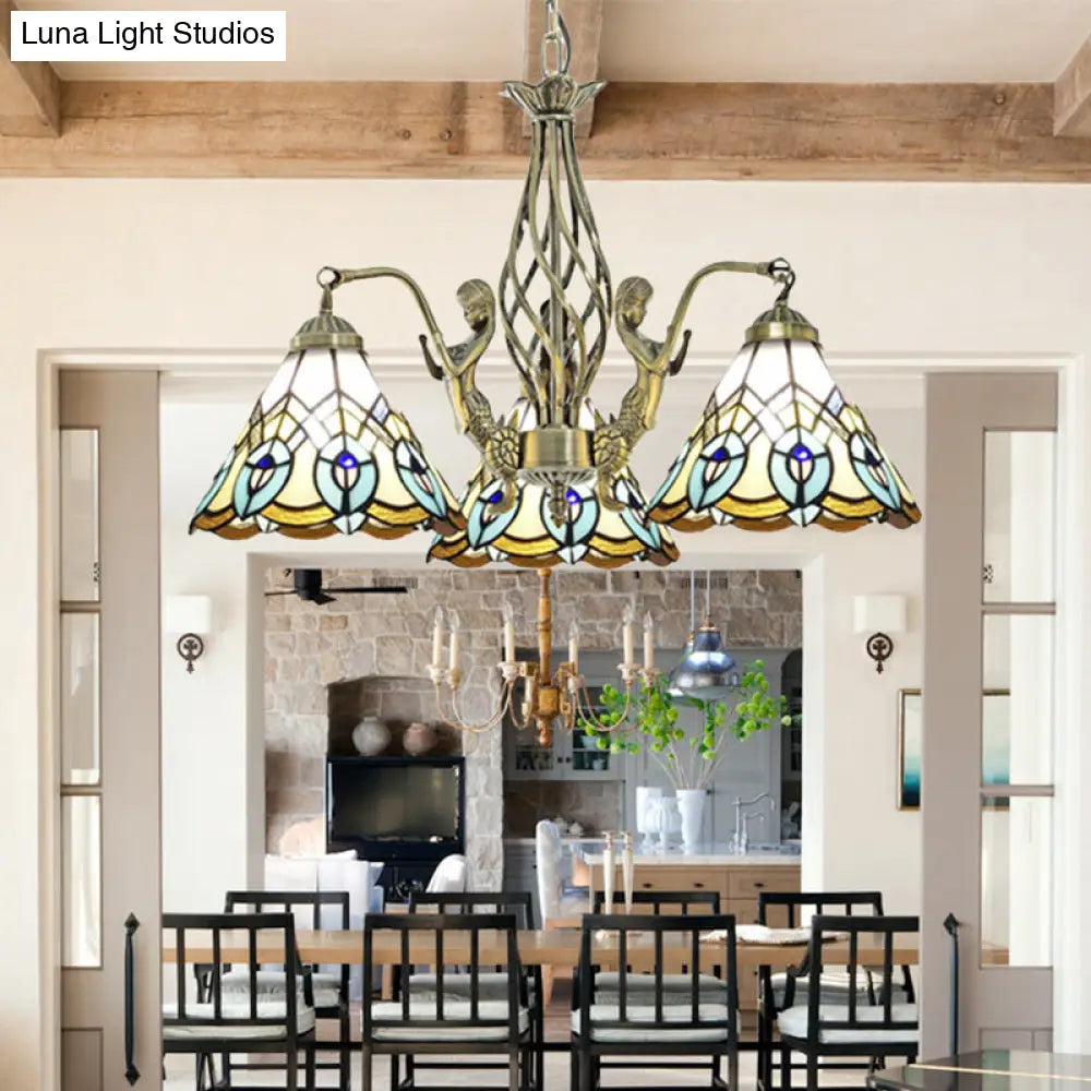Tiffany Stained Glass Chandelier with Mermaid Deco and 3 Lights