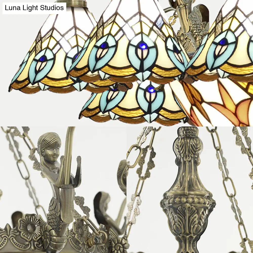 Tiffany Stained Glass Chandelier with Mermaid Deco and 3 Lights