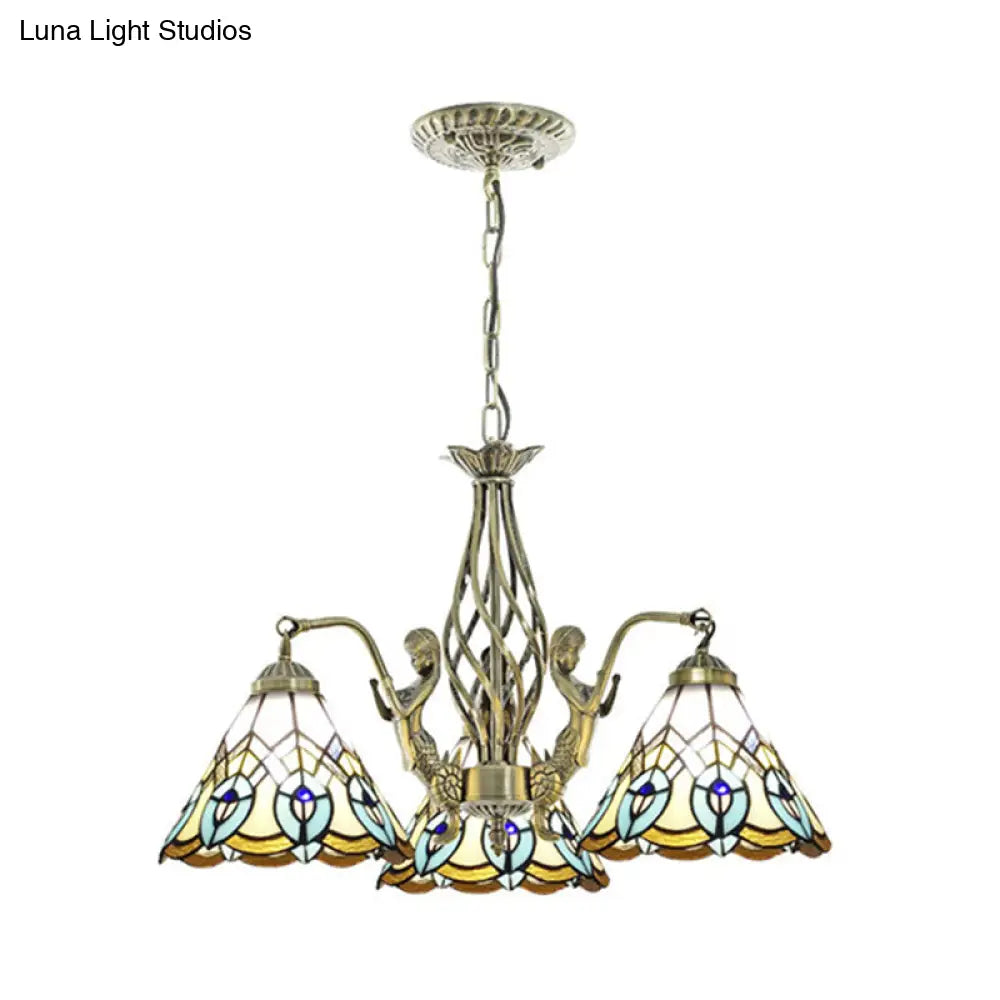 Tiffany Stained Glass Chandelier with Mermaid Deco and 3 Lights