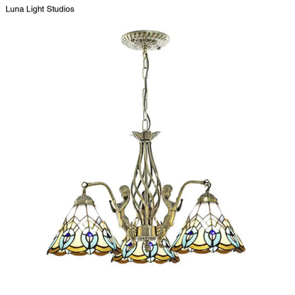 Tiffany Stained Glass Chandelier with Mermaid Deco and 3 Lights