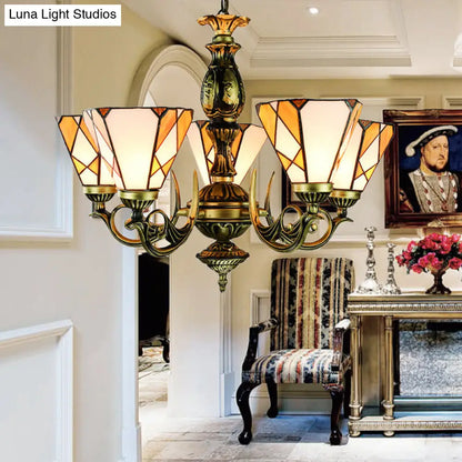 Tiffany Stained Glass Cone Chandelier Light with Metal Chain - 5 Lights for Bedroom