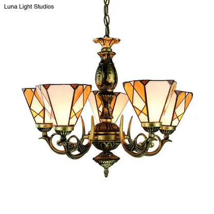 Tiffany Stained Glass Cone Chandelier Light with Metal Chain - 5 Lights for Bedroom