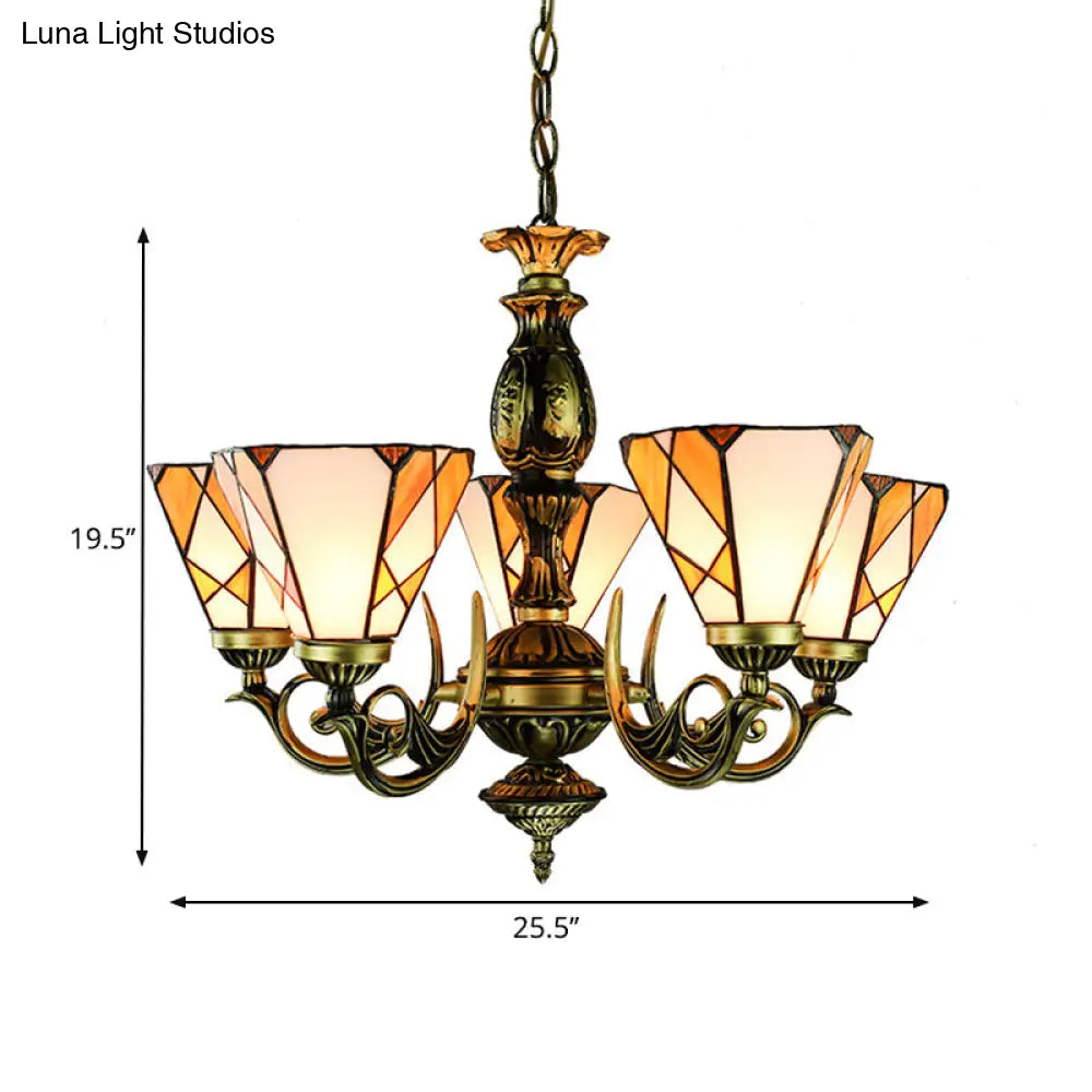 Tiffany Stained Glass Cone Chandelier Light with Metal Chain - 5 Lights for Bedroom