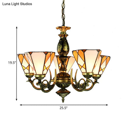Tiffany Stained Glass Cone Chandelier Light with Metal Chain - 5 Lights for Bedroom