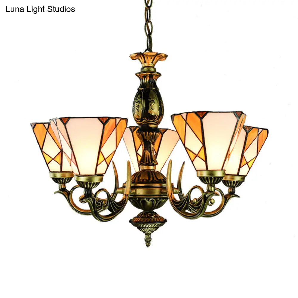 Tiffany Stained Glass Cone Chandelier Light with Metal Chain - 5 Lights for Bedroom