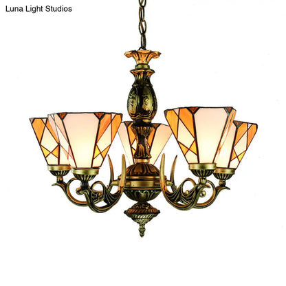 Tiffany Stained Glass Cone Chandelier Light with Metal Chain - 5 Lights for Bedroom