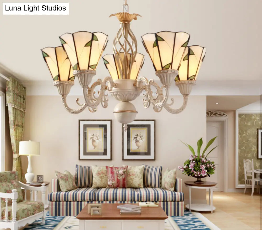 Tiffany Stained Glass Cone Chandelier with Leaf Pattern - 5 Lights in Beige