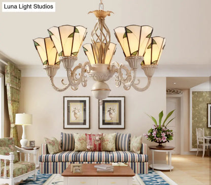 Tiffany Stained Glass Cone Chandelier with Leaf Pattern - 5 Lights in Beige