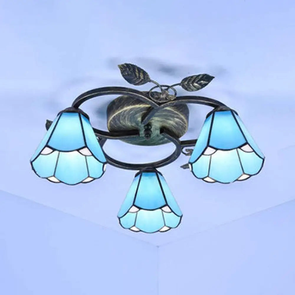DecorBites™ DecorBites™ Tiffany Stained Glass Conic Shape Ceiling Light - 3 Lights Flush Mount Fixture in White/Blue for Living Room