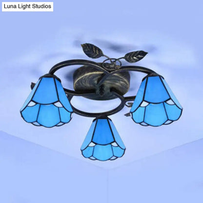 DecorBites™ DecorBites™ Tiffany Stained Glass Conic Shape Ceiling Light - 3 Lights Flush Mount Fixture in White/Blue for Living Room