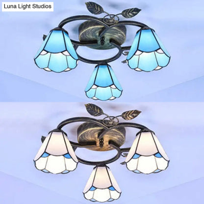 DecorBites™ DecorBites™ Tiffany Stained Glass Conic Shape Ceiling Light - 3 Lights Flush Mount Fixture in White/Blue for Living Room
