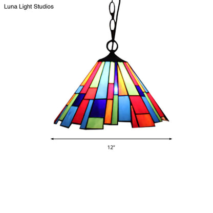 Tiffany Stained Glass Conical Hanging Lamp - Black Ceiling Pendant for Dining Room (12"/16" Width)