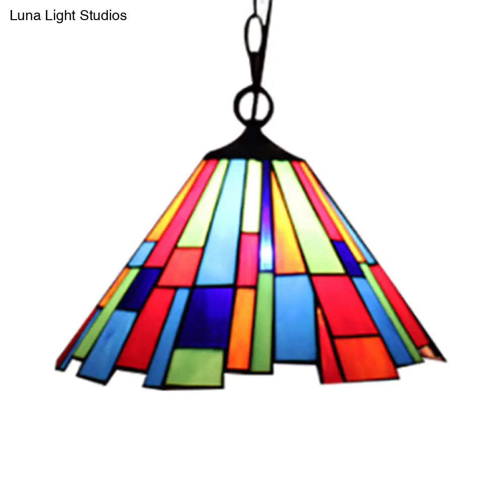 Tiffany Stained Glass Conical Hanging Lamp - Black Ceiling Pendant for Dining Room (12"/16" Width)