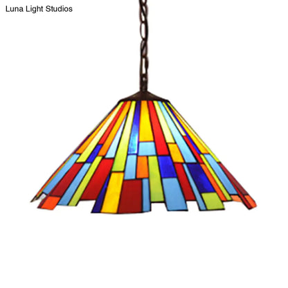 Tiffany Stained Glass Conical Hanging Lamp - Black Ceiling Pendant for Dining Room (12"/16" Width)