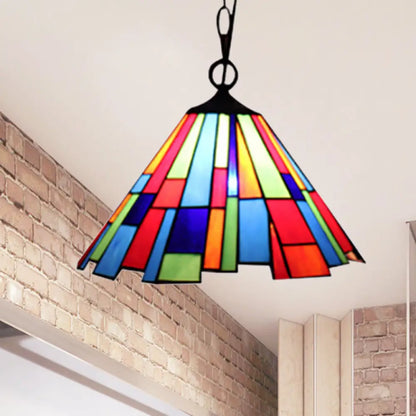 Tiffany Stained Glass Conical Hanging Lamp - Black Ceiling Pendant for Dining Room (12"/16" Width)