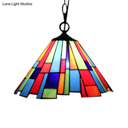 Tiffany Stained Glass Conical Hanging Lamp - Black Ceiling Pendant for Dining Room (12"/16" Width)