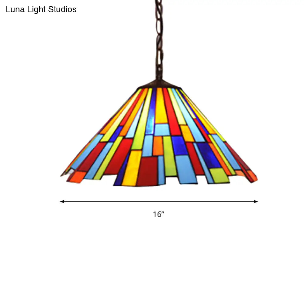 Tiffany Stained Glass Conical Hanging Lamp - Black Ceiling Pendant for Dining Room (12"/16" Width)