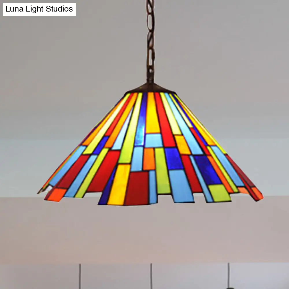 Tiffany Stained Glass Conical Hanging Lamp - Black Ceiling Pendant for Dining Room (12"/16" Width)