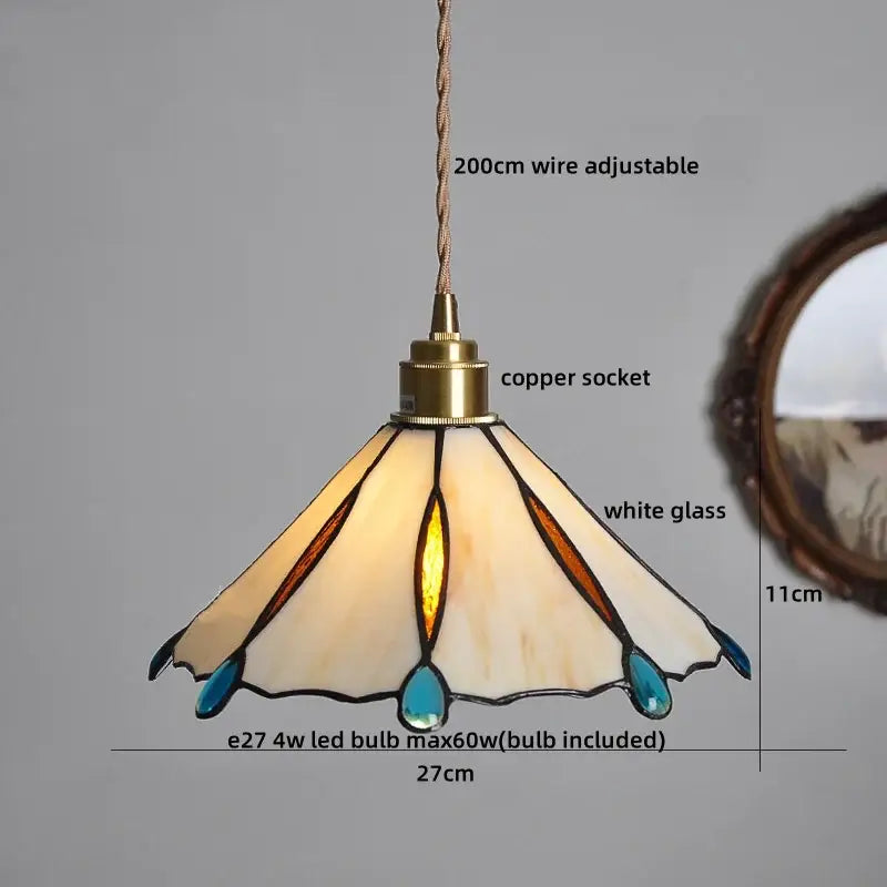 Delicate tiffany stained glass copper led pendant lamp with cream amber teal glass shade for dining room lighting