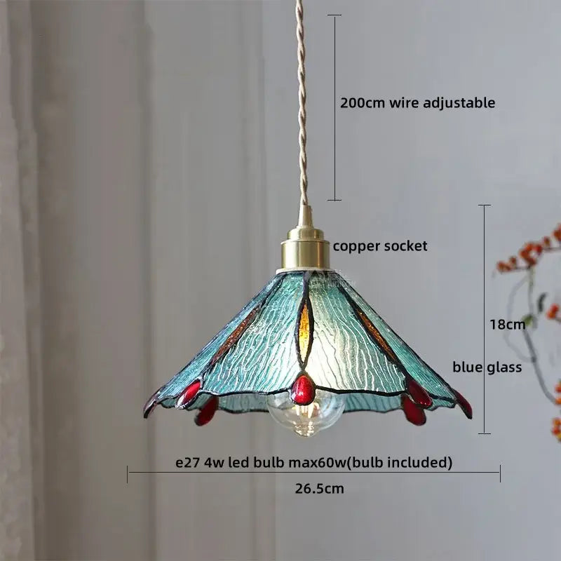 A delicate tiffany stained glass copper led pendant lamp with blue and red shade for dining room lighting