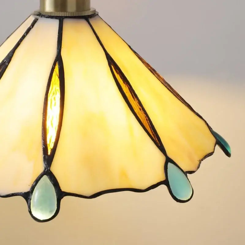 Yellow stained glass copper led pendant lamp with teal teardrop accents and brass hardware for dining room lighting